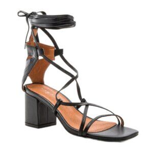URGE Women's Black Leather Jessie Block Heel Lace Up Sandals Square Toe Size 39